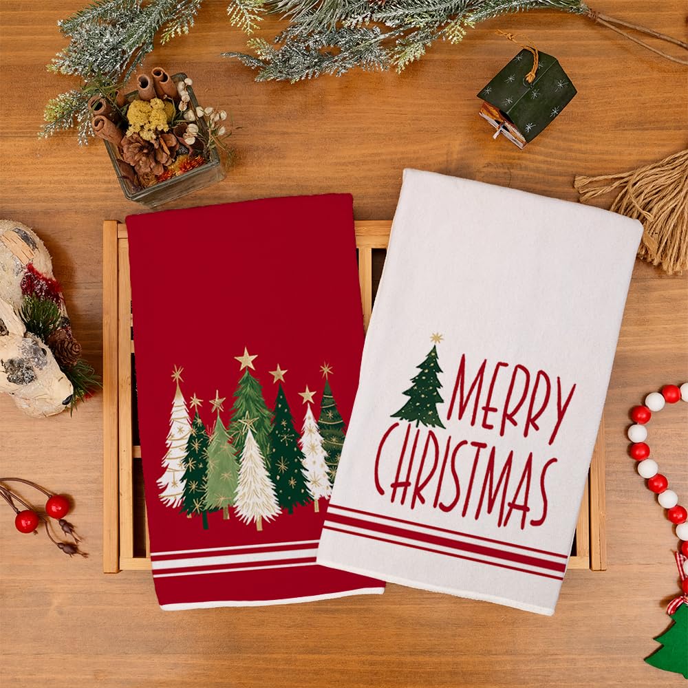 DineDia Merry Christmas Kitchen Towels Set of 2,Red Xmas Tree Dish Hand Towels Holiday Home Indoor Bathroom Party Seasonal Noel Decorations DD025