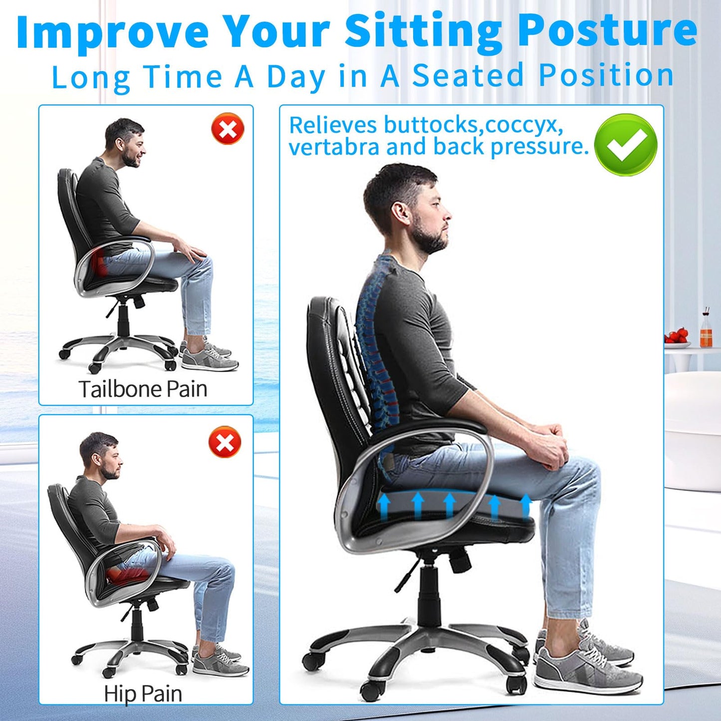 ANKUNABA Seat Cushions for Office Chairs, Large Memory Foam Desk Chair Cushion for Coccyx Tailbone Sciatica Back Pain Relief, Orthopedic Chair Pad for Car Wheelchair Computer Long Sitting (Black)