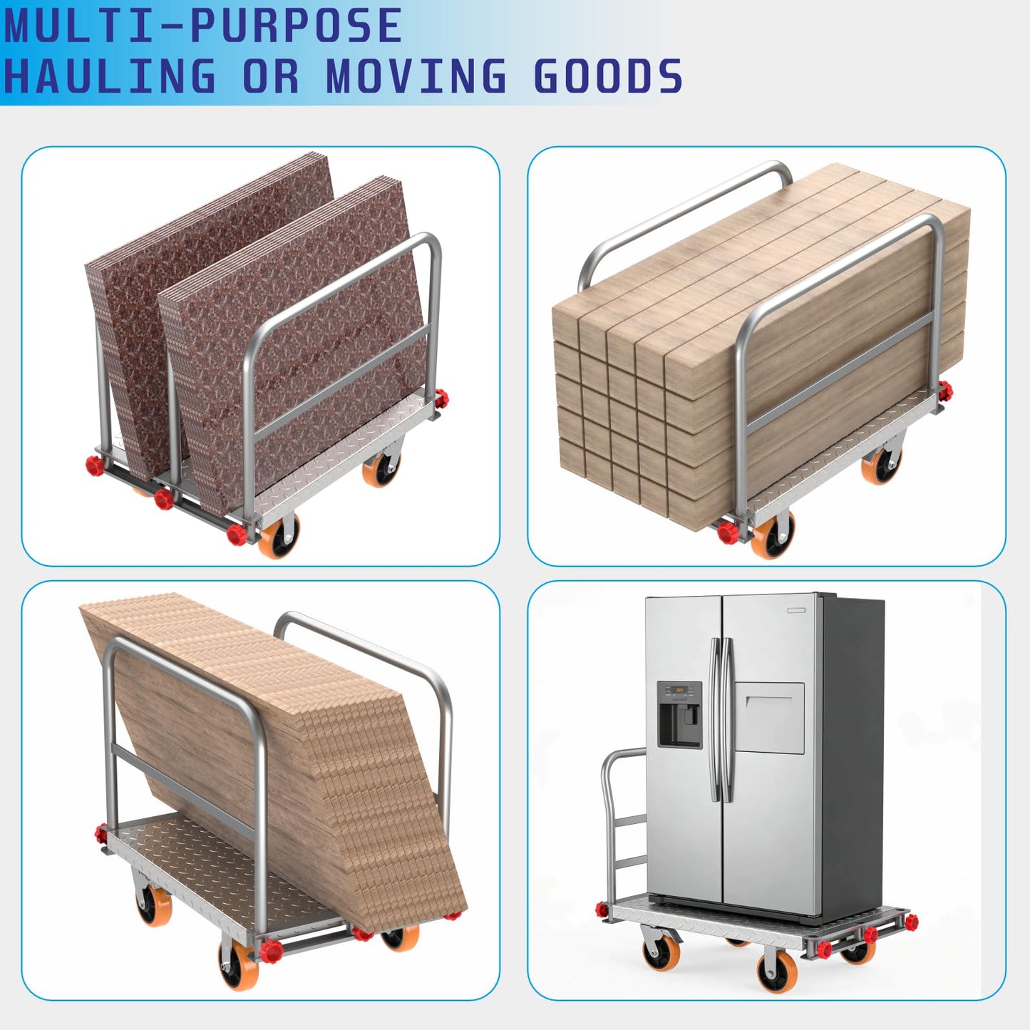 2-in-1 Steel Panel Cart with 2500 lbs Capacity Lumber Drywall Dolly Cart, 6" Swivel Brake Wheels Heavy Duty Table Truck Flatbed Cart with 1Front and 3Side Handrails 40 X 24inch 2mm