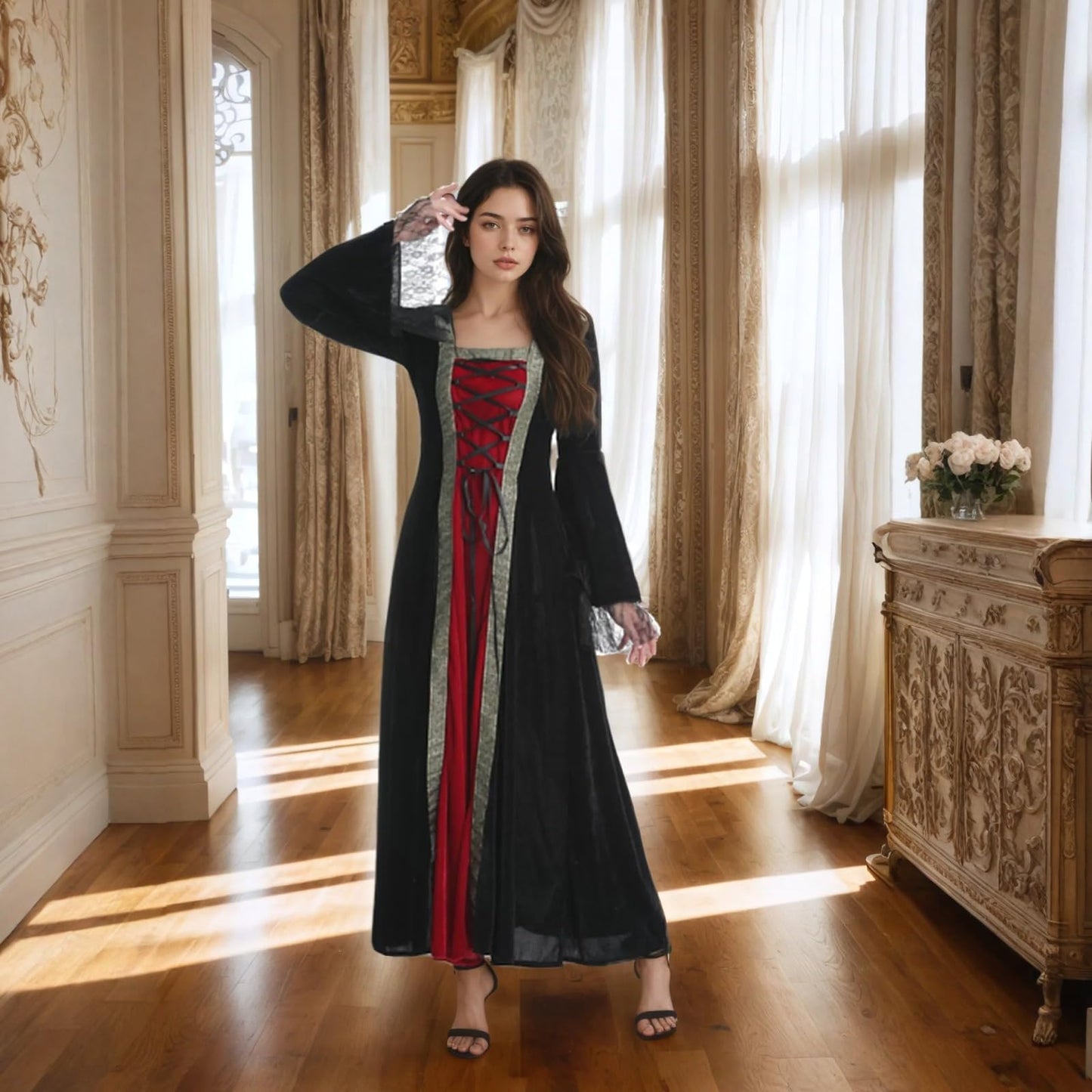 Colorful House Womens Medieval Renaissance Princess Retro Gown Cosplay Costume Dress(X-Large,Black(hooded))