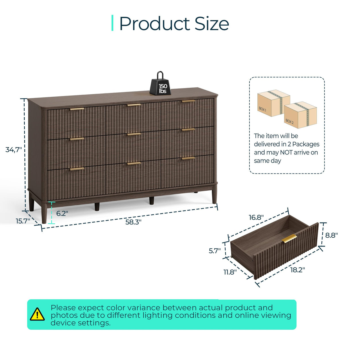 LINSY HOME Fluted Dresser for Bedroom with 9 Drawers, 58" Wide Mid Century Modern Dresser, Tall Boho Chest of Drawers, Large Wood Accent Storage Cabinet for Living Room, Curved Profile Design, Walnut
