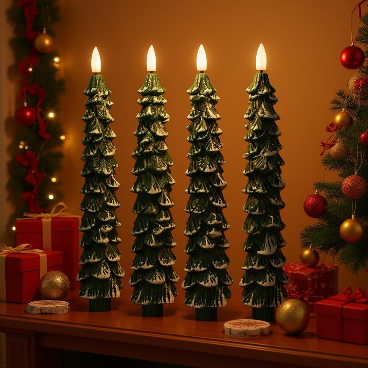 FYBW Christmas Tree Flameless Taper Candles with Remote Timer,4 Pcs Green LED Taper Candles with 3D Flame for Holiday Decorations (Snowy Green B)
