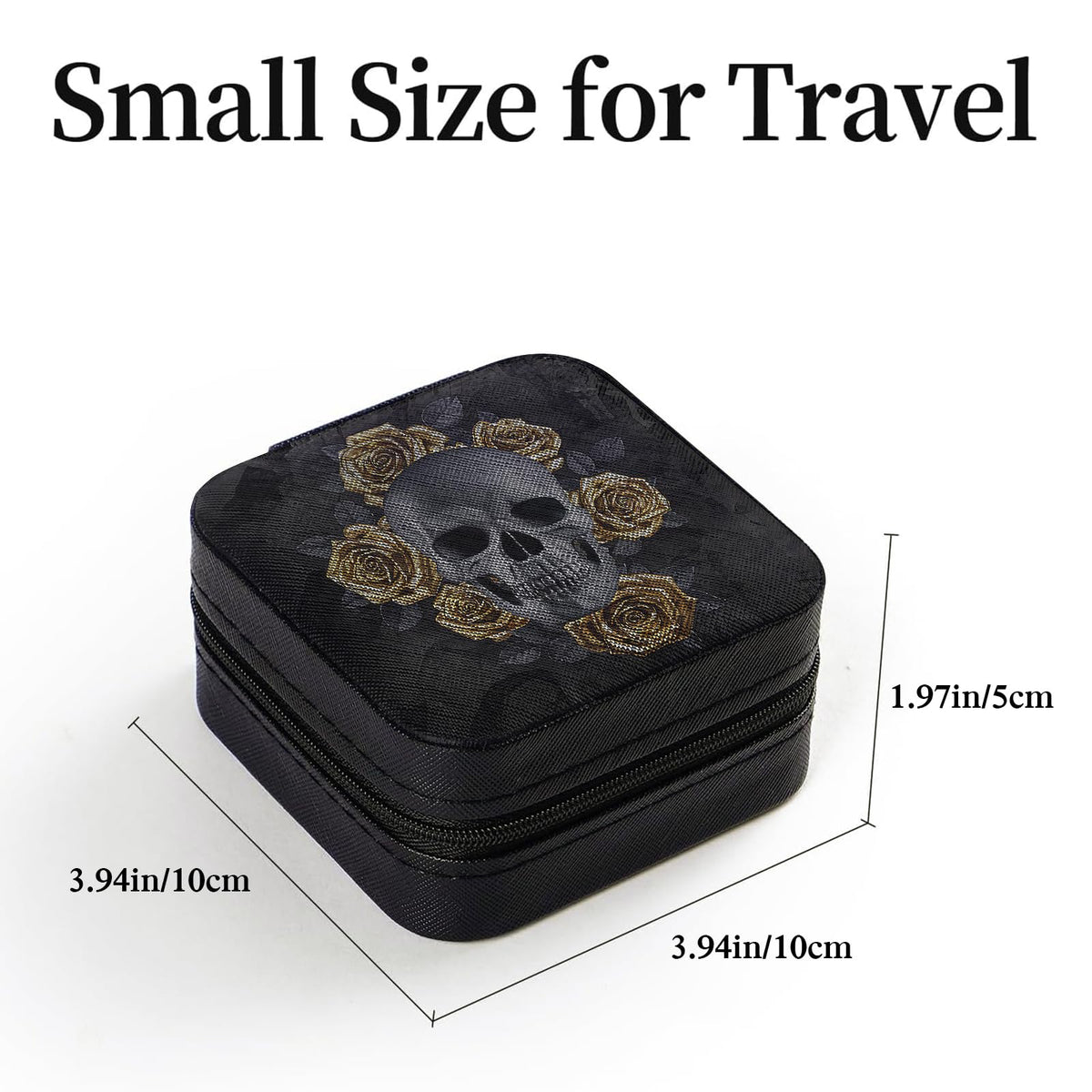 Artinhand Black Skull with Gold Roses Small Travel Jewelry Case with Mirror Portable Black PU Leather Box Earrings Necklaces Rings Bracelets Storage Organizer Gift for Women And Girls