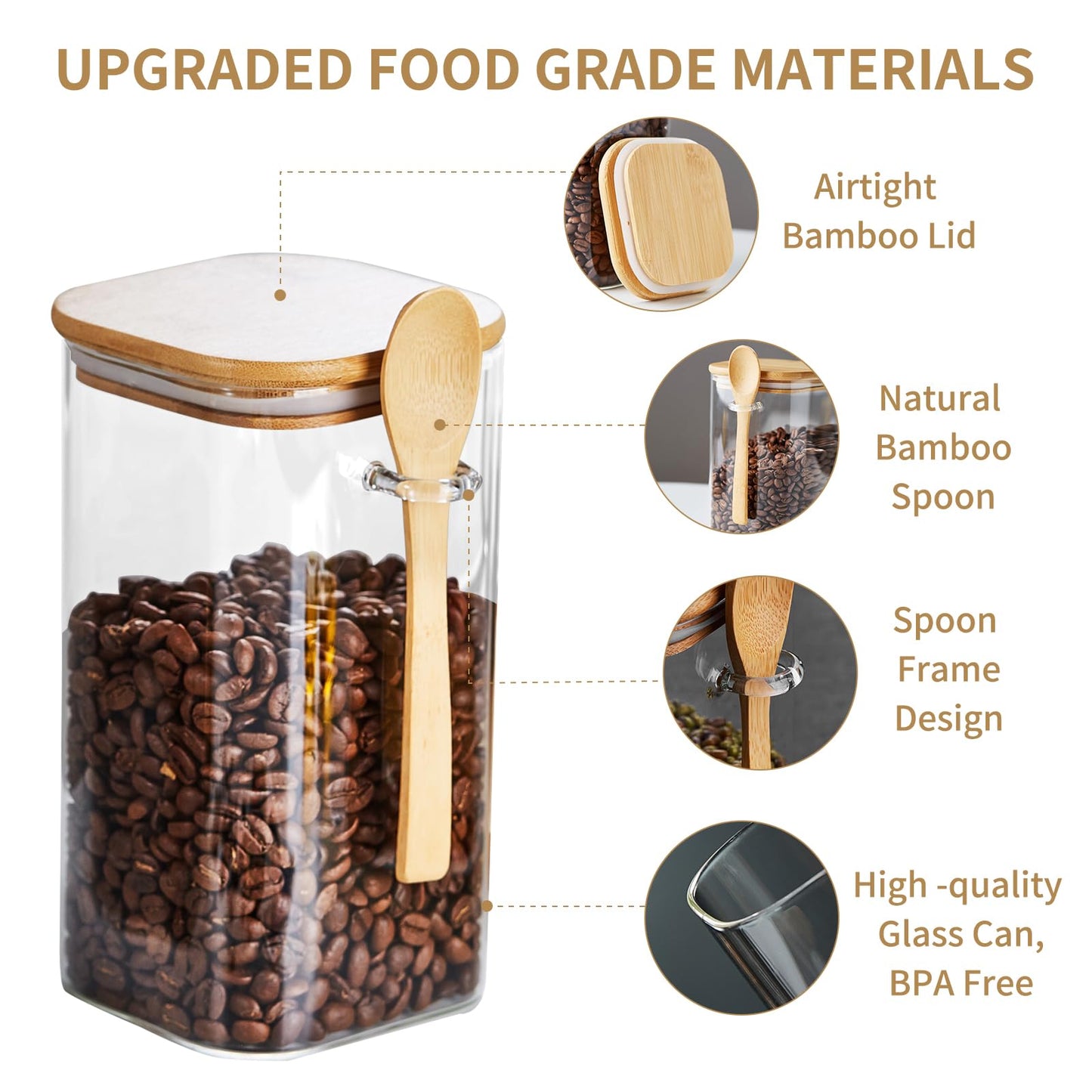 Glass Jars with Airtight Bamboo Lids and Spoons, 2PCS 1150ml/39oz Overnight Oats Containers with Lids, Glass Food Storage Containers for Coffee Beans, Flour, Sugar, Cookie, Pasta, Tea Leaf