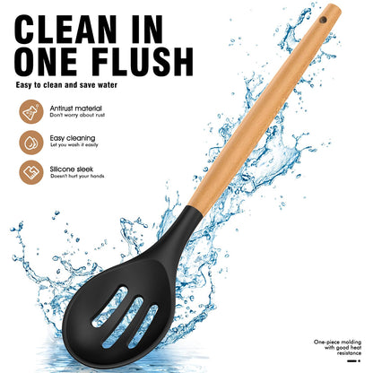 Silicone Cooking Utensils Set - AVGPD Silicone Kitchen Utensils for Cooking Wooden Handles, 446°F Heat Resistant Kitchen Utensil Spatula Sets, Gadgets for Non-Stick Cookware BPA FREE (Black)