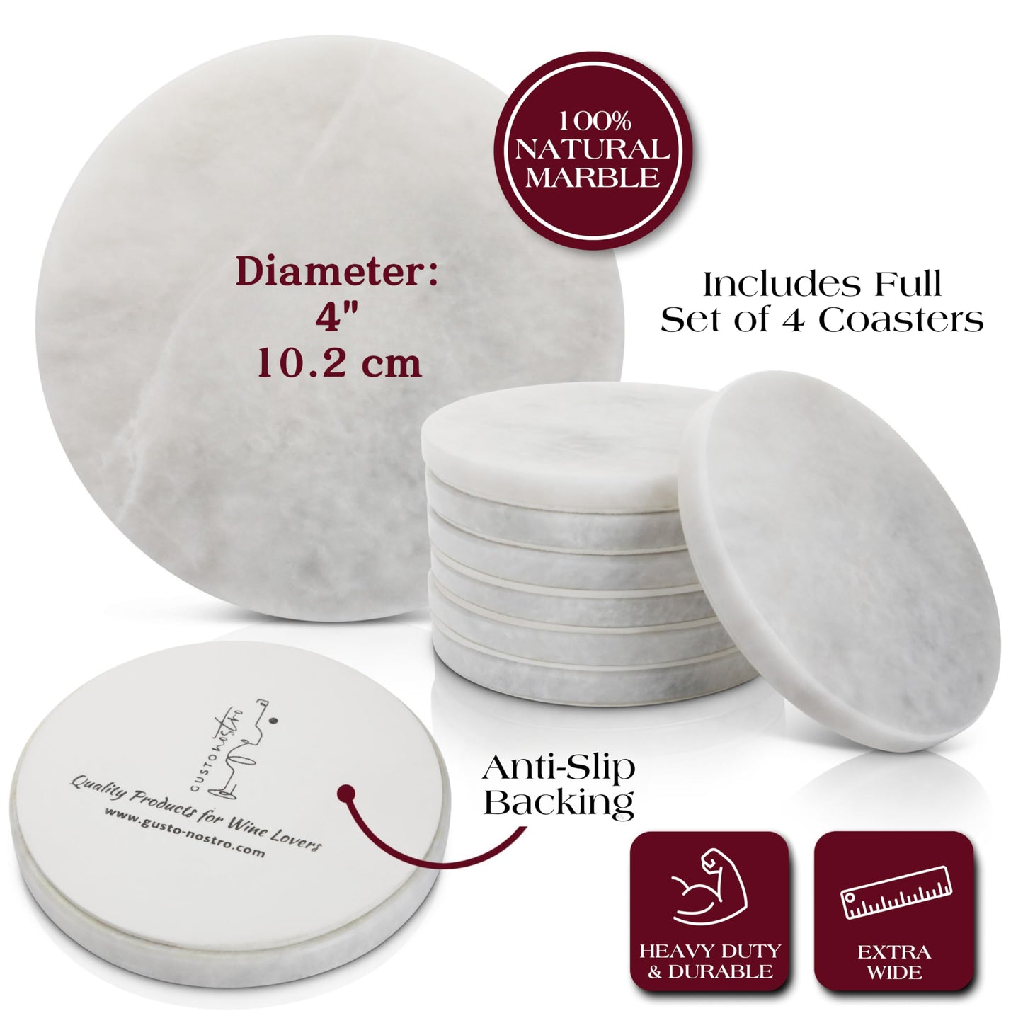 Gusto Nostro White Marble Coasters Set of 4 - Luxury Natural Stone Coasters for Drinks - Genuine Marble Kitchen Accessories, Round Artisanal Stone Coaster for Kitchen Counter, Coffee Table, Home Decor