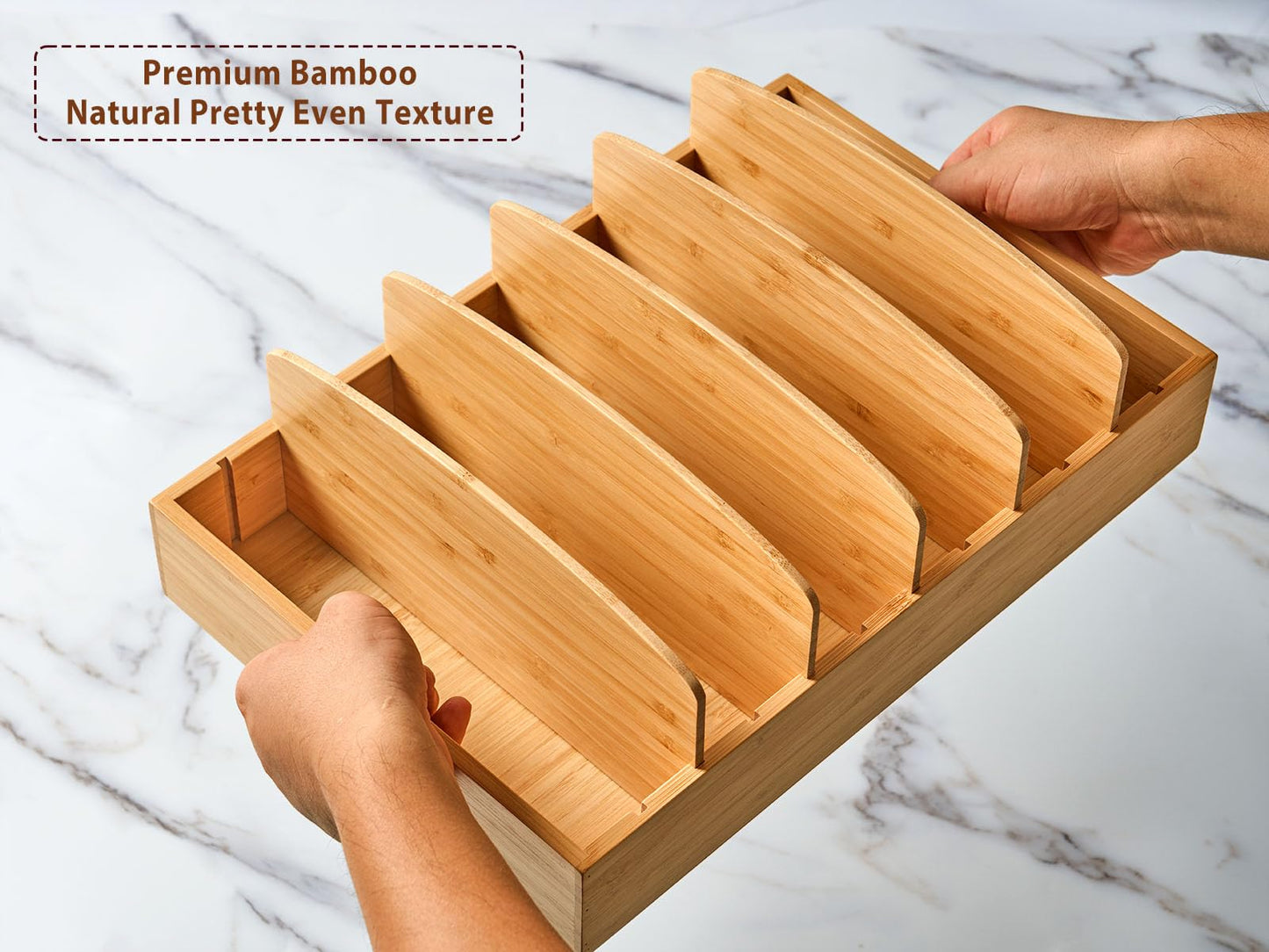 Umilife Extra Large Kitchen Cabinet & Drawer Organizer, Bamboo Lid Holder with 5 Tall Adjustable Dividers, Pantry Organization and Storage for Food Container Lid