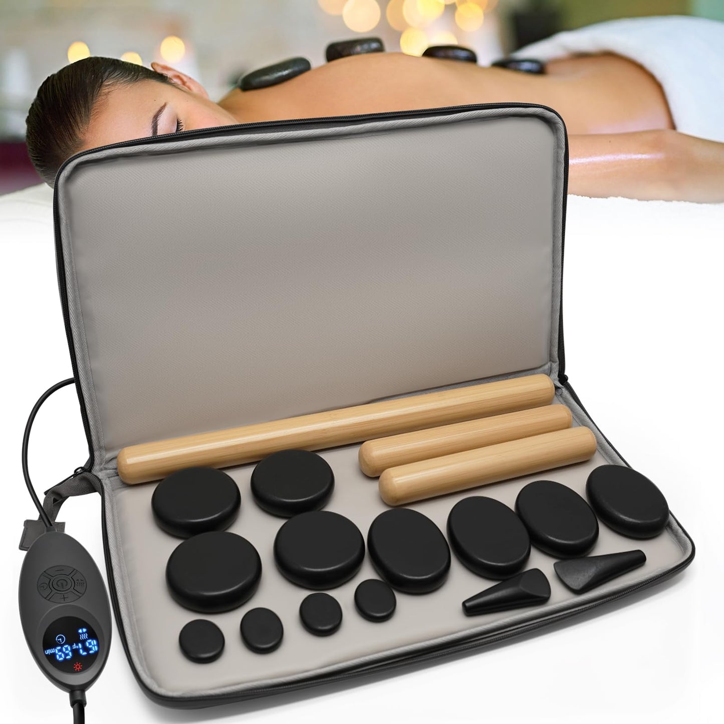Freudeere 17 Pieces Massage Stones Set with Warmer Kit Hot Rocks Bamboo for Massage,Hot Stones Massage Warmer Kit with Temperature Control and Carry Bag (14 Stones and 3 Sticks)