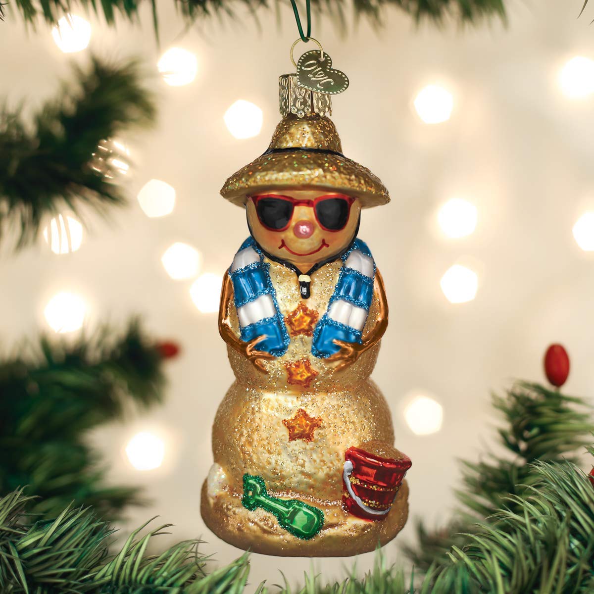 Old World Christmas Sand Snowman Glass Blown Ornament for Christmas Tree, Handcrafted Holiday Decoration, Snowman Collection
