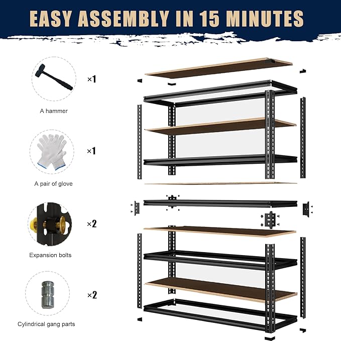 Garage Shelving, 2400 LBS Metal Storage Shelves, 12" x 28'' x 60'' Heavy Duty Shelf, Adjustable Shelving Rack, Standing Shelf Units, Shelves for Garage Storage