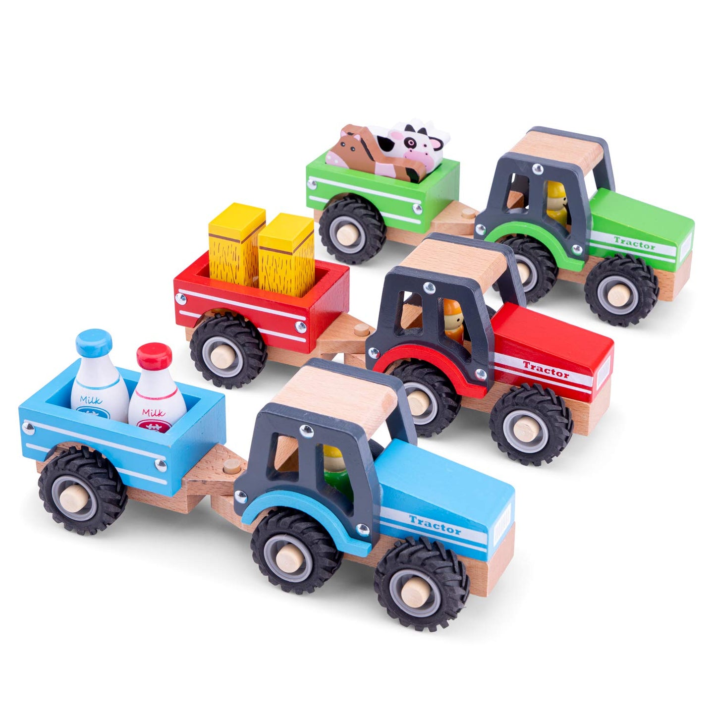 New Classic Toys - Houten speelgoed - Houten tractor met aanhanger, Green