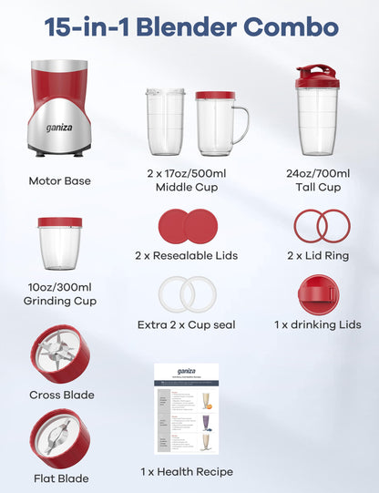 Ganiza Smoothie Blender, 900W Blenders for Shakes and Smoothies, 15-Piece Personal Blender and Grinder Combo for Kitchen, Smoothies Maker with 4 BPA-Free Portable Cup, Nutritious Recipe