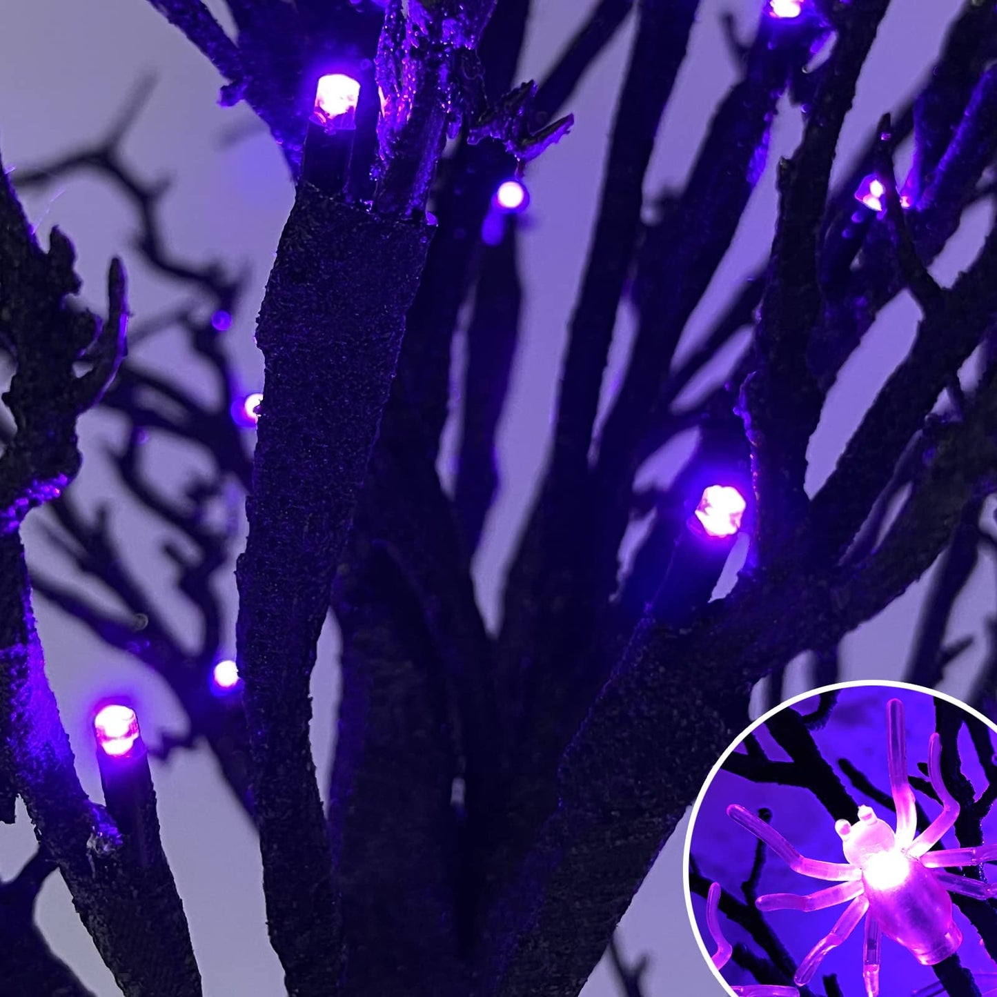 TURNMEON 2FT Prelit Halloween Black Tree Decor with Timer, 25 Spider & 24 Purple Lights Battery Operated Spooky Artificial Tree for Halloween Decorations Indoor Tabletop Fireplace Home Holiday Party