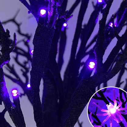 TURNMEON 2FT Prelit Halloween Black Tree Decor with Timer, 25 Spider & 24 Purple Lights Battery Operated Spooky Artificial Tree for Halloween Decorations Indoor Tabletop Fireplace Home Holiday Party