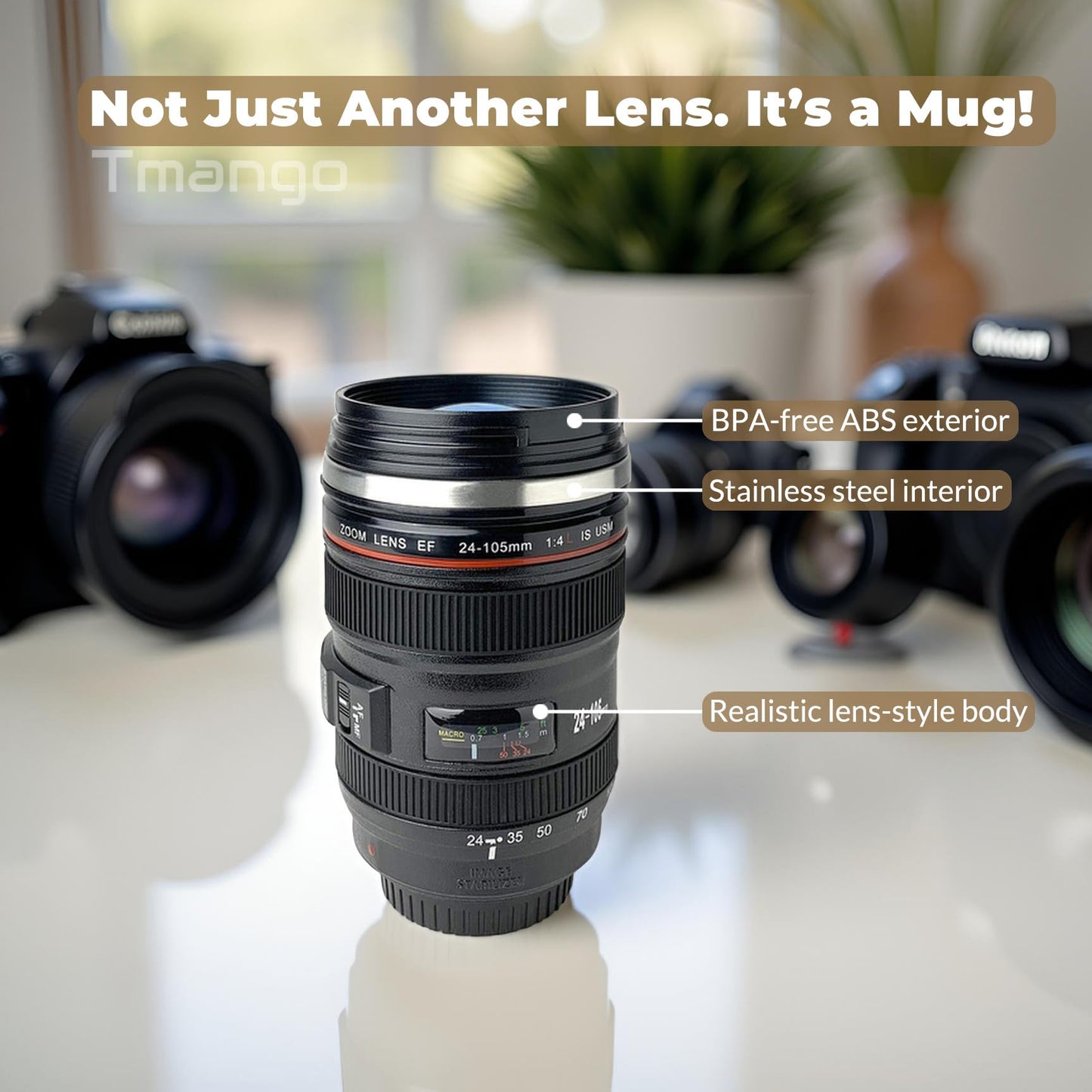 Tmango Camera Lens Coffee Mug with Clear Lid – Unique Realistic Lens Cup Replica, Gift for Photography Lovers
