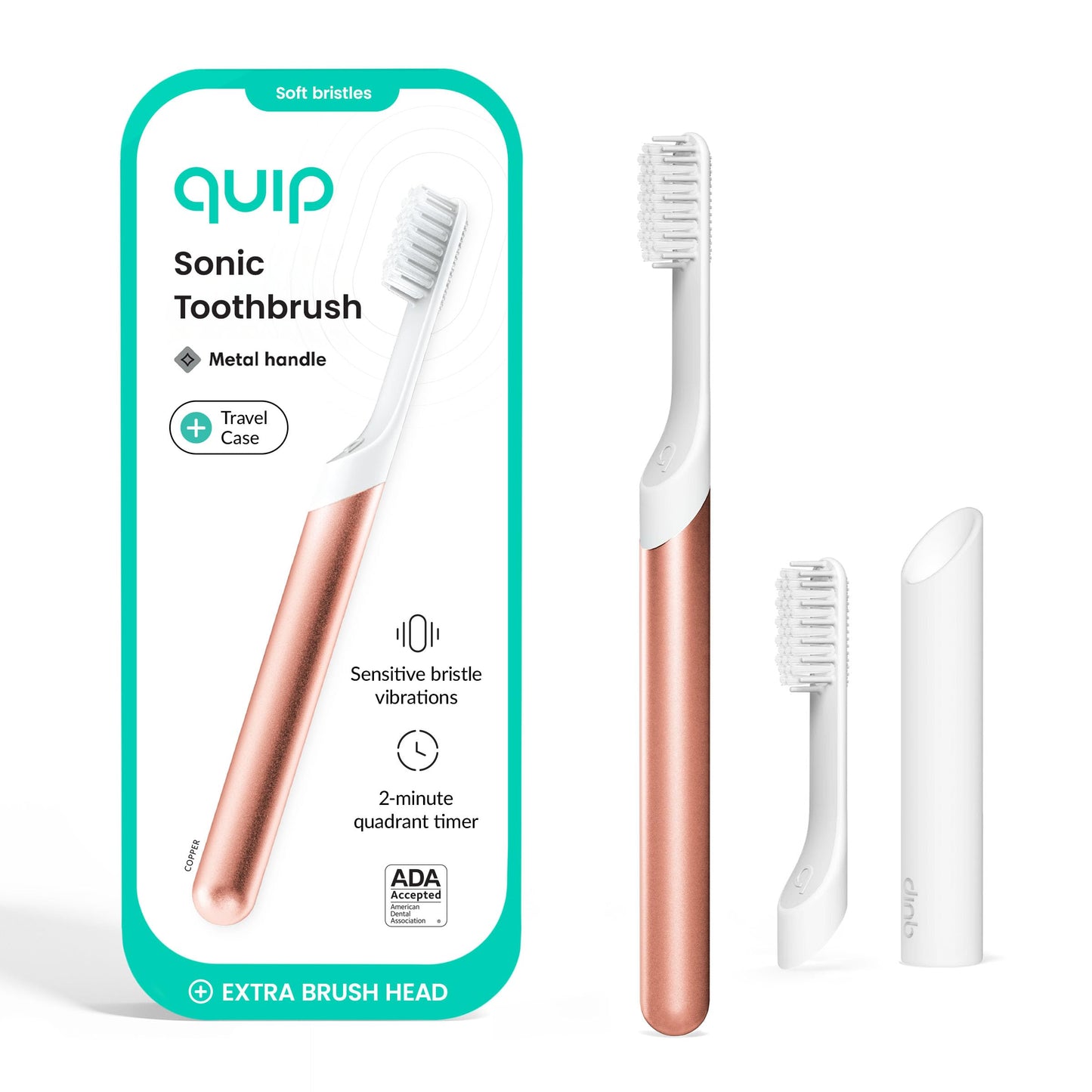 Quip Metal Sonic Electric Toothbrush for Adults - Time Travel & Soft Bristles with Travel Case & Replacement Brush Head - 3 Month Battery Life - Indigo