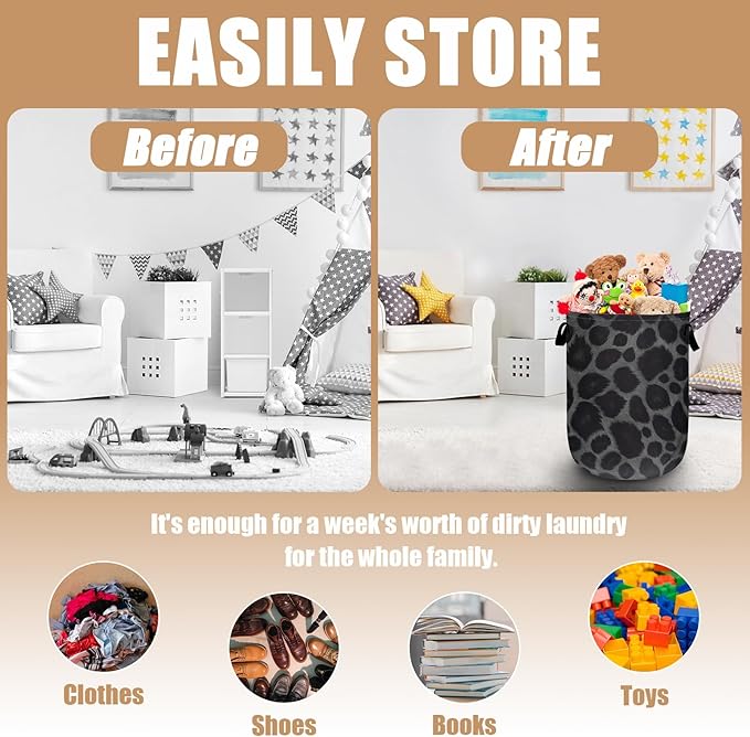 Grey Black Leopard Print Laundry Basket, Foldable Animal Leopard Laundry Hamper