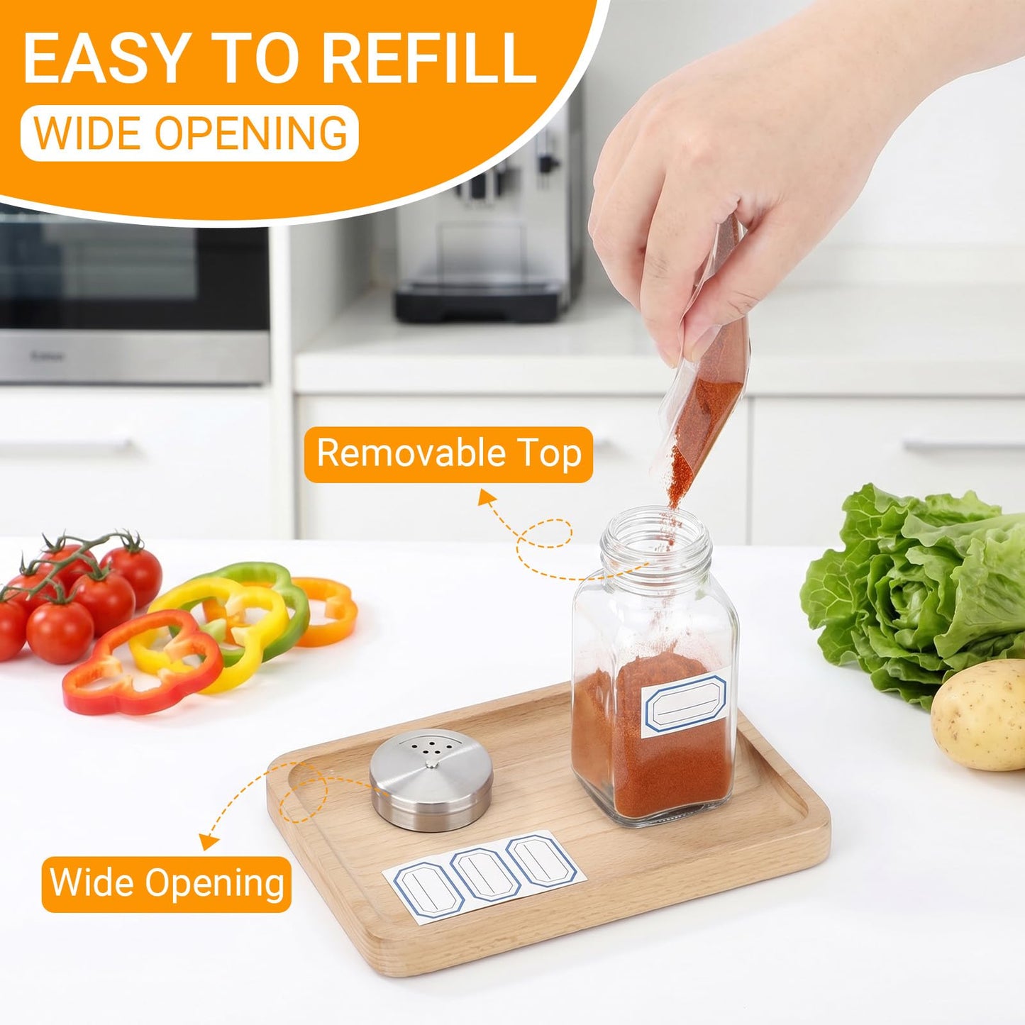 Segarty 6oz Spice Bottles with Stainless Steel Shaker Lids 3 Pack, 180ml Large Square Spice Jars for Salt Sugar, Adjustable Seasoning Storage Bottles with 3 Labels for Condiments Herbs Grains Storage
