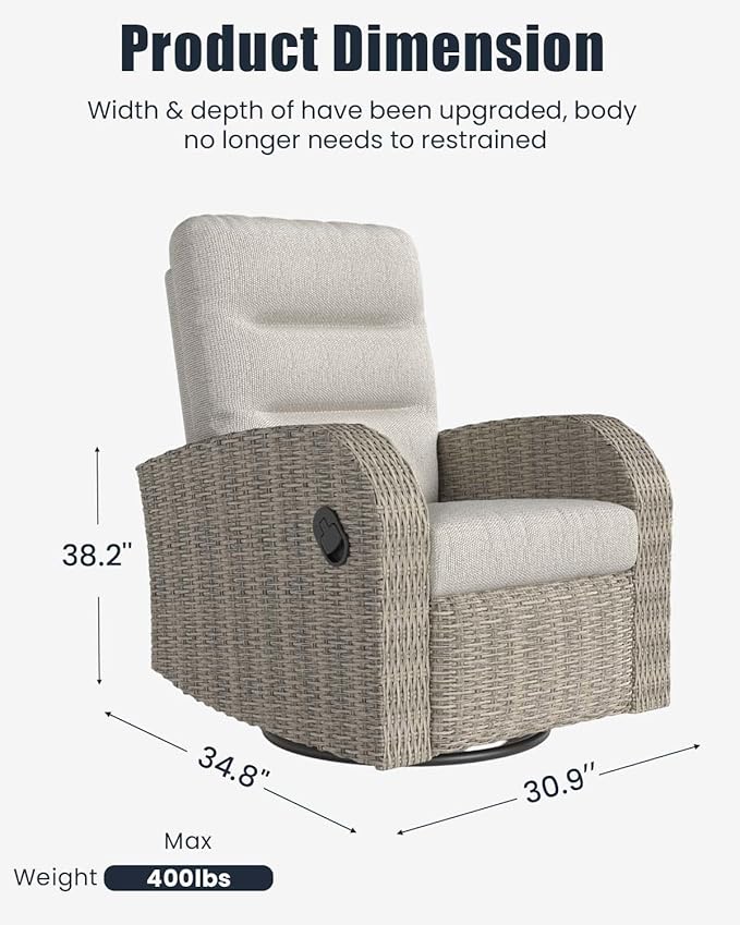 Outdoor Swivel Recliner Chair, All-Weather Wicker Reclining Patio Chair with Adjustable Backrest and Footrest