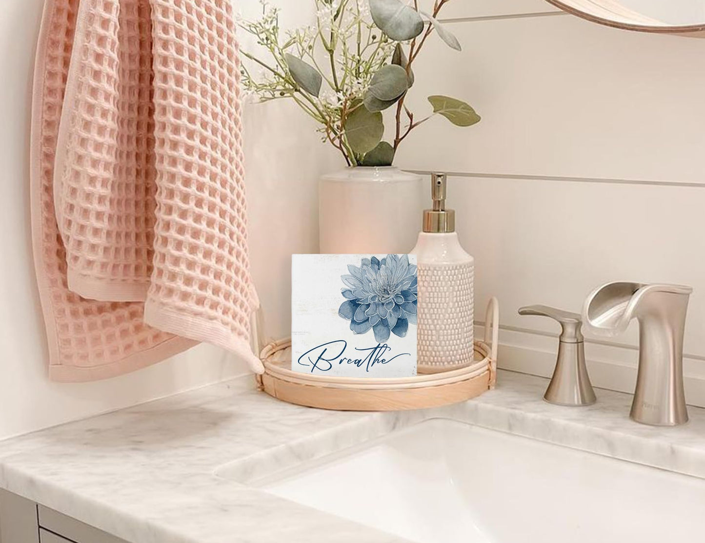Mtrgdn Blue Bathroom Decor,Spa Bathroom Decor and Accessories,Breathe Blue Flower Wooden Box Sig for Home Spa Room Beauty Salon Decoration,5X5 Inch