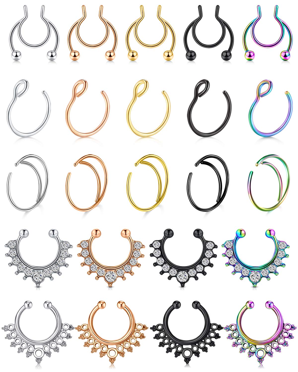 D.Bella Fake Septum Nose Rings Hoop Stainless Steel Faux Lip Ear Nose Septum Ring Non Piercing Clip On Nose Hoop Rings Body Piercing Jewelry
