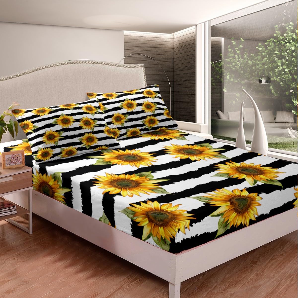 Feelyou Sunflower Fitted Sheet Twin Stripes Pattern Decor Bedding Set Panoramic Printed Adult Teen Kids Bed Sheet Set Garden Theme Bed Cover for Boys Girls Women Plant Decor Soft (No Flat Sheet)