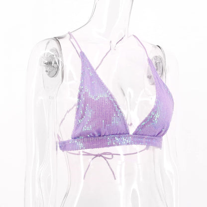 Monanoat Women’s Sexy Sequin Crop Top V Neck Bandage Tank Top Bustier Cami Dance Bra Top for Club Rave Purple