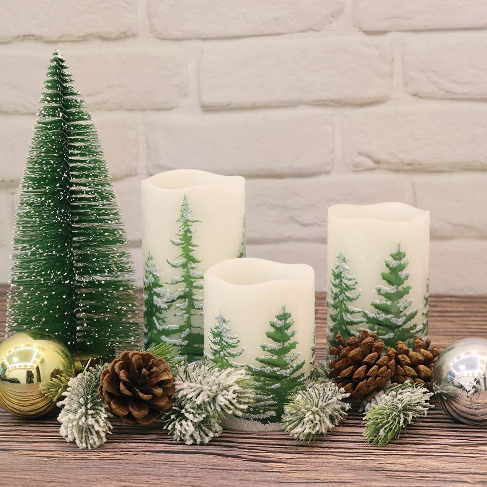 DRomance Christmas Flameless Candles with 6 Hour Timer, 3 Pack Real Wax LED Pillar Candles Warm Light Flickering Holiday Decor(Green Christmas Tree, 3 x 4,5,6 Inches)