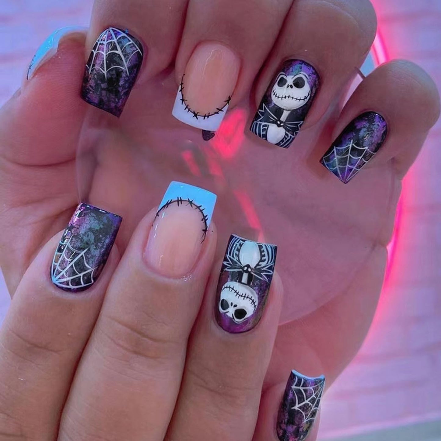 Halloween Press on Nails Medium Square Fake Nails with Spider Web Design Acrylic Nails Nightmare Before Christmas Nails Scary Stick on Nails Holiday French Tip Artificial Nails for Women 24Pcs