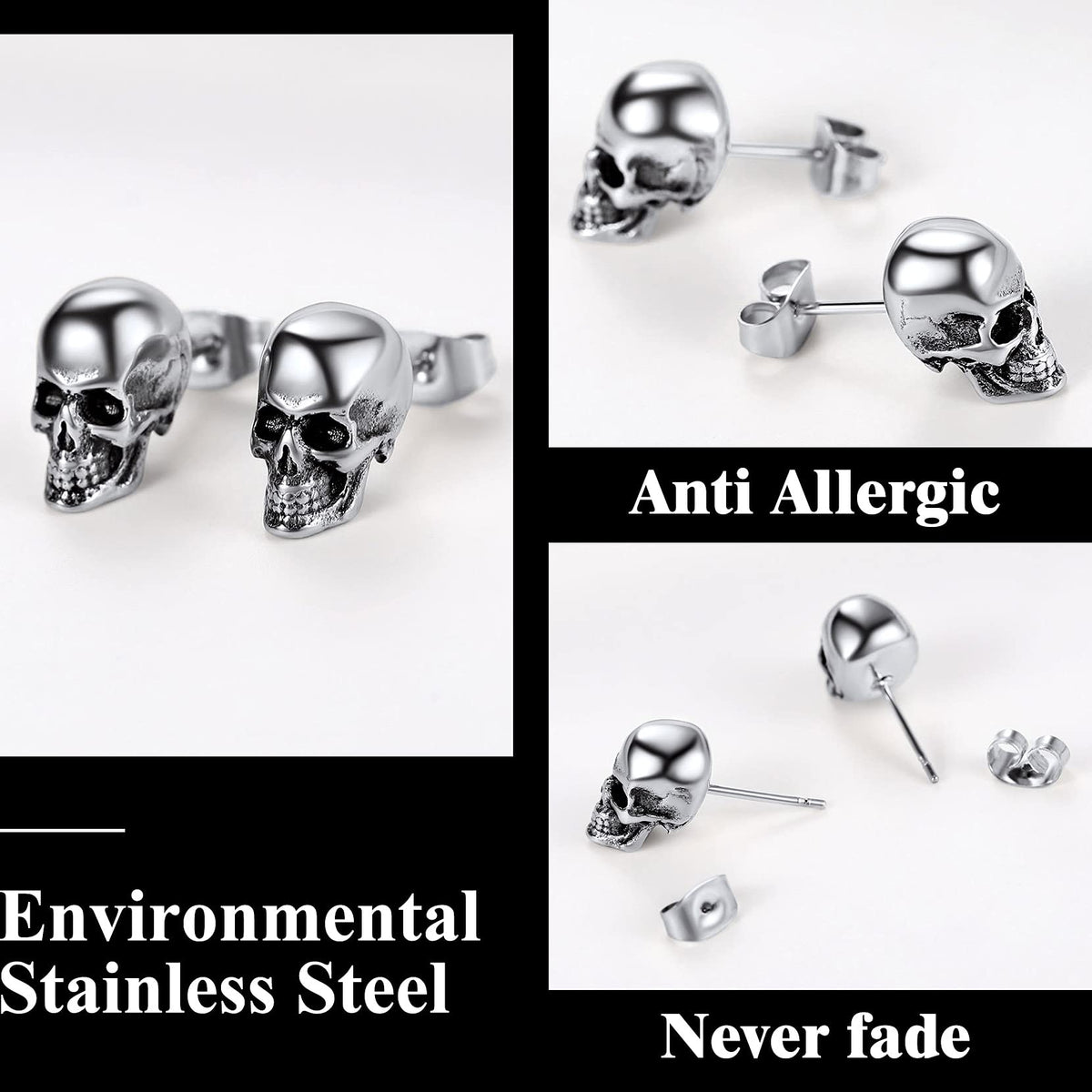 Stainless Steel Skull Stud Earrings for Men Women Punk Rock Ear Piercing Earring Halloween Jewelry