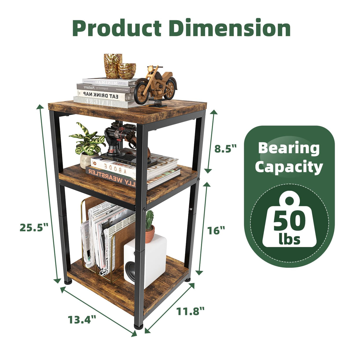Simple Trending Side Table, End Table Night Stand, 3 Tiers Shelf for Living Room, Rustic Brown