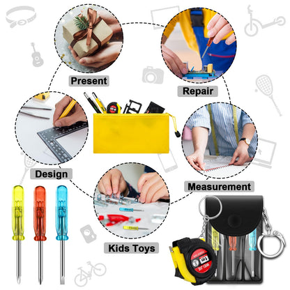 Lasnten 50 Pcs Mini Tape Measure Screwdriver Keychain Set Bulk Men Gifts Multitool Pen Card Mini Tool Bag Pouch Adult Party Favors Pinata Stuffers for Men Father's Day Husband Gifts (Black+Yellow)