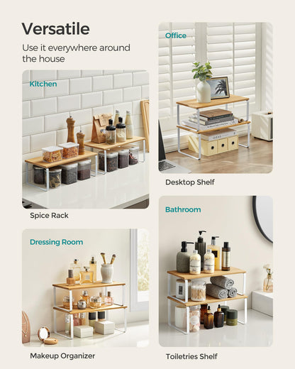 SONGMICS Cabinet Organizer Shelf, Set of 2 Kitchen Counter Shelves, Kitchen Storage, Spice Rack, Stackable, Expandable, Metal and Engineered Wood, Ink Black and Natural Beige UKCS02NB