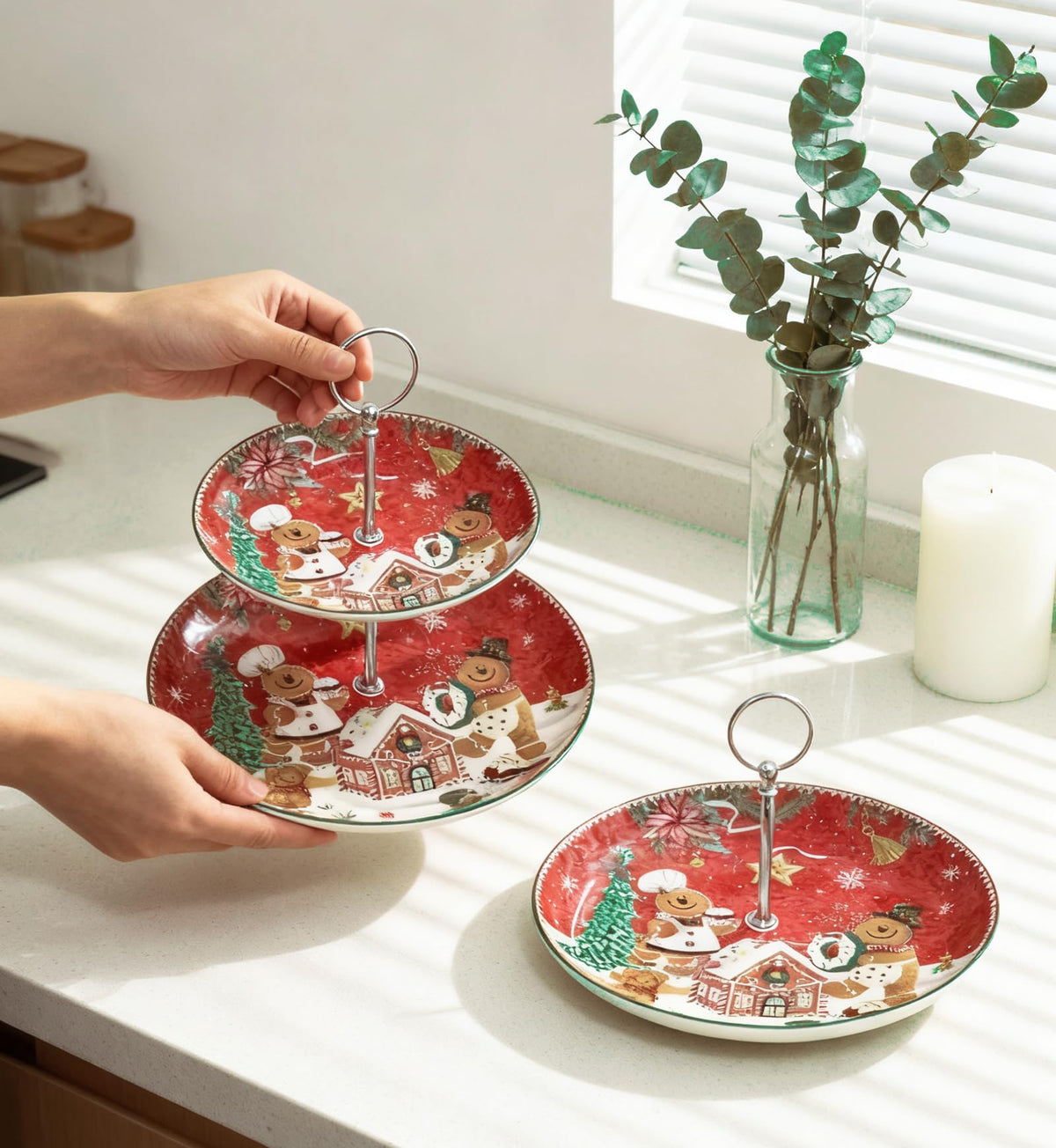 2-Tier Red Round Porcelain XMAS Cake Fruit Stand Plate with Gift Box, Cupcake Serving Display Ceramic Pastry Tray Towers Platter Set for Dessert Appetizer Candy Buffet for Home Party - Gingerbread Man