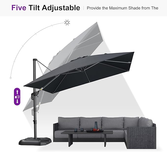 PURPLE LEAF 10 Feet Square Cantilever Umbrella Patio Umbrella with Base Outdoor Umbrella Aluminum Offset with 360-degree Rotation for Garden Deck Pool Patio Black