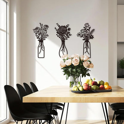 Wcro Metal Flowers Wall Decor,3 Pieces Rose Design Metal Wall Art,Rustic Farmhouse Decor for Garde Living Room Dining Room Bathroom Kitchen,Home Decor Gift (black-rose).