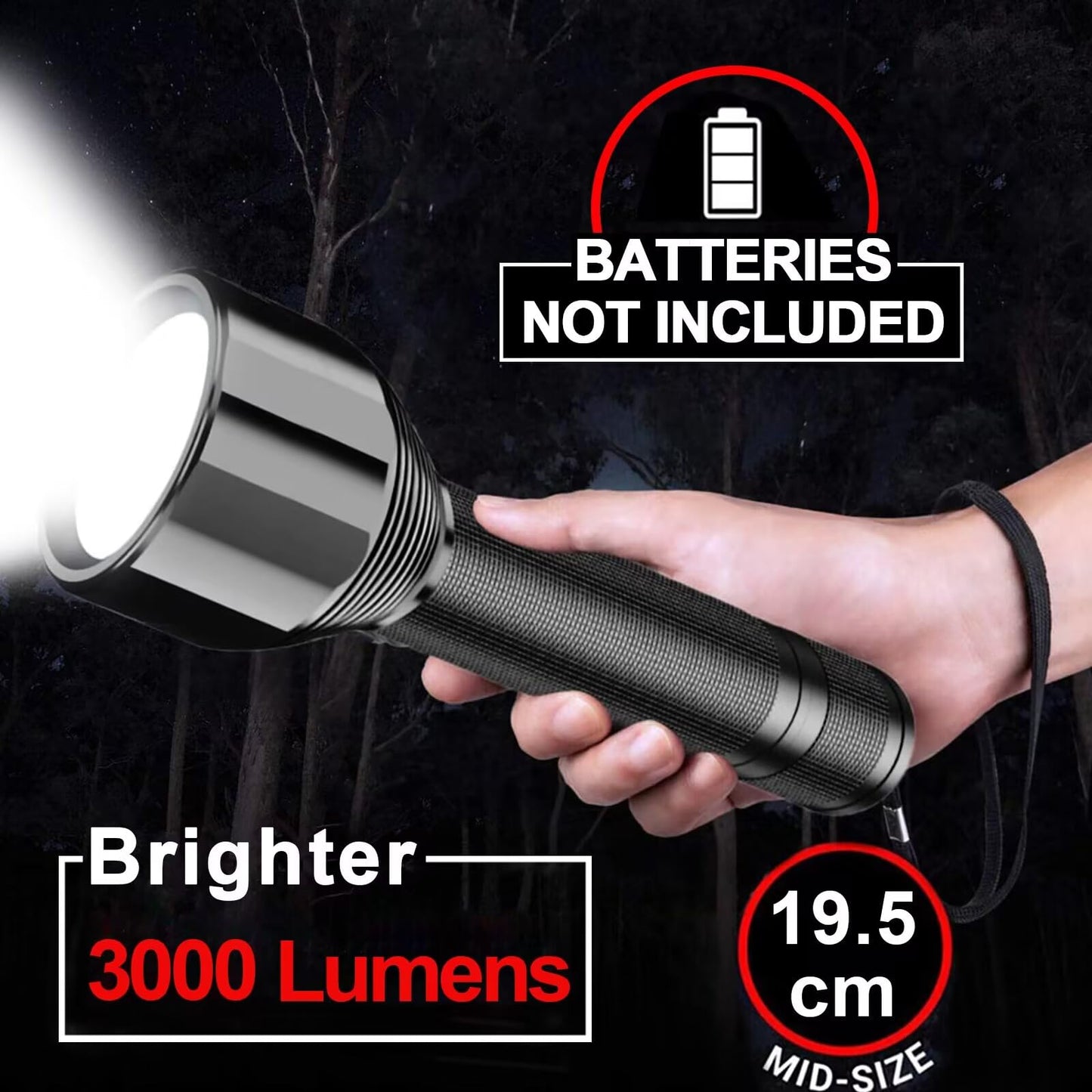 REHKITTZ Torch Led Super Bright 3000 Lumens Long Working Time Camping Adjustable Focus Flashlight with 5 Light Modes
