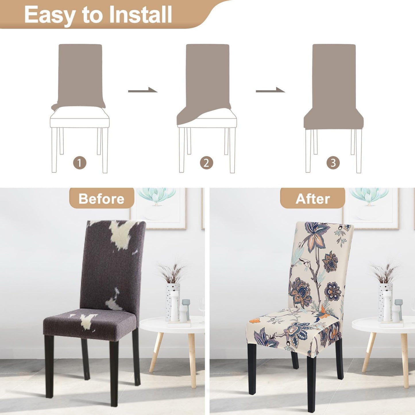 SearchI Dining Room Chair Covers Set of 4, Stretch Printed Floral Parsons Chair Slipcovers Spandex Removable Washable Kitchen Chair Protector Cover for Dining Room, Hotel, Ceremony (Beige+Flower)