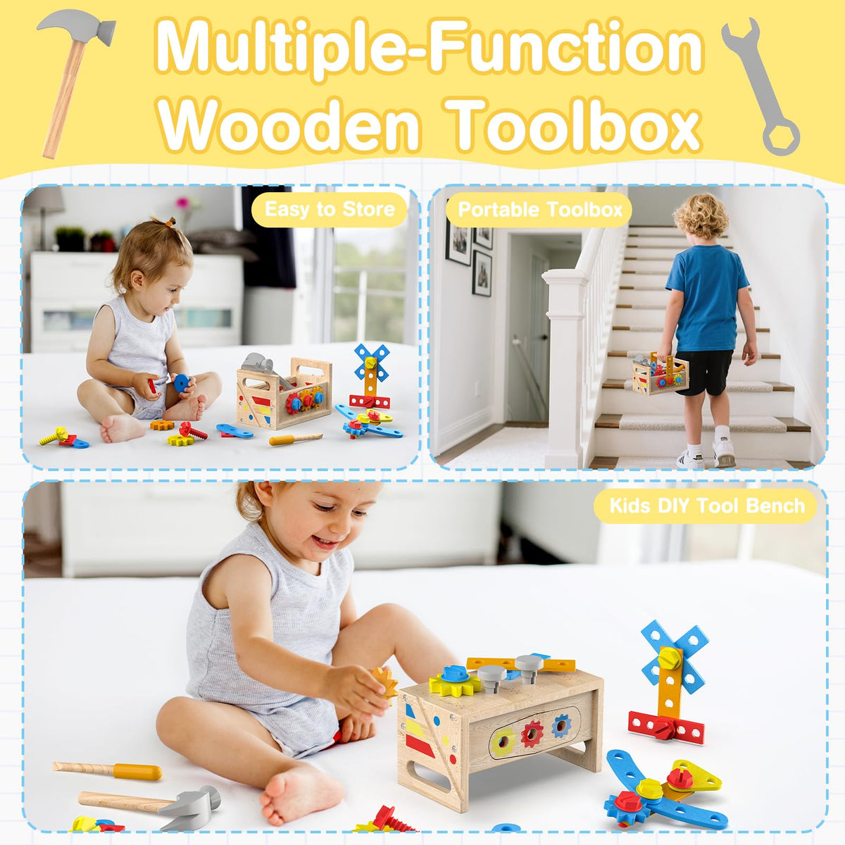 Montessori Toys for 2 Year Old Boy - Wooden Kids Tool Set with Apron