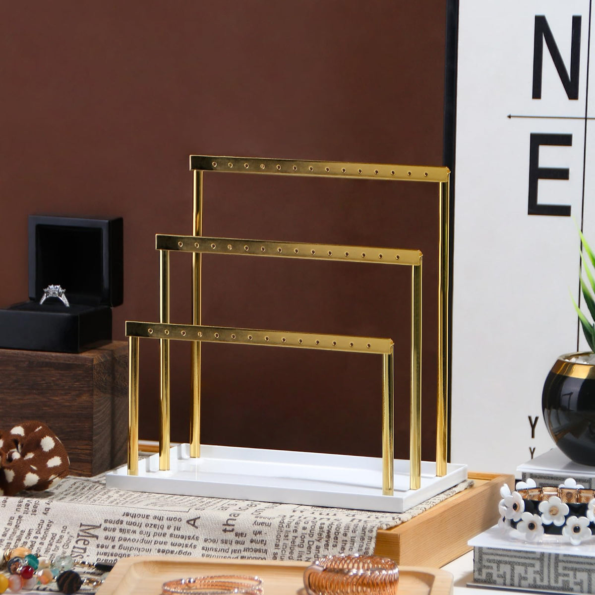 Pangkeep 3 Tier Earring Holder for Vendors,Stud Earrings Display Stand for Selling,Matel Jewelry Organizer for Girls (Gold)