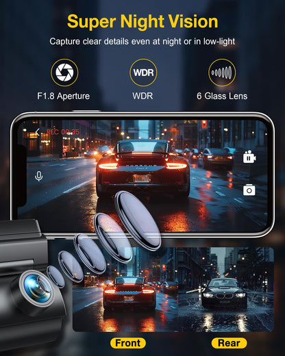 GKU 4K Dash Cam Front and Rear, 5GHz WiFi GPS, Dual Car Camera, 1.5” IPS Mini Dashcam for Cars with 64GB SD Card, 24H Parking Mode, Night Vision, WDR, 170° Wide Angle, G-Sensor, App Control, Max 256GB