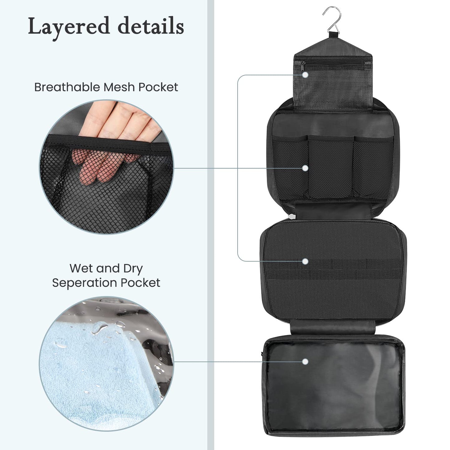 Maliton Hanging Toiletry Bag, Waterproof Large Mens Wash Bag, Foldable Travel Toiletry Bag with 4 Compartments, Travel Essentials for Business Trip, Vacation and for Overnight & Shower（Black）