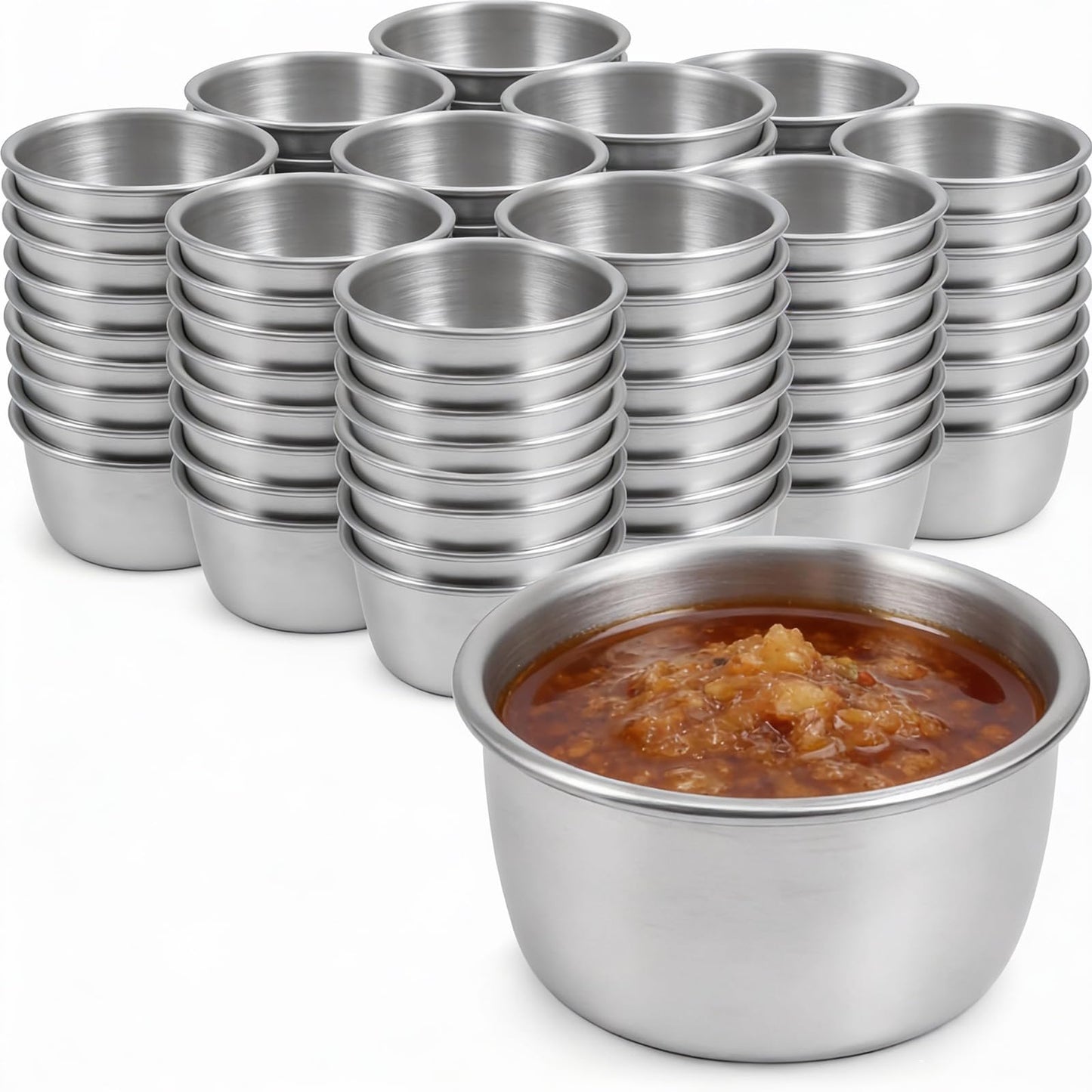 CathJune 100 Pcs 1.5 oz Stainless Steel Ramekins, Metal Dipping Sauce Cups, Small Condiment Cups for Kitchen, Restaurant, Camping, BBQ, Party and Seafood