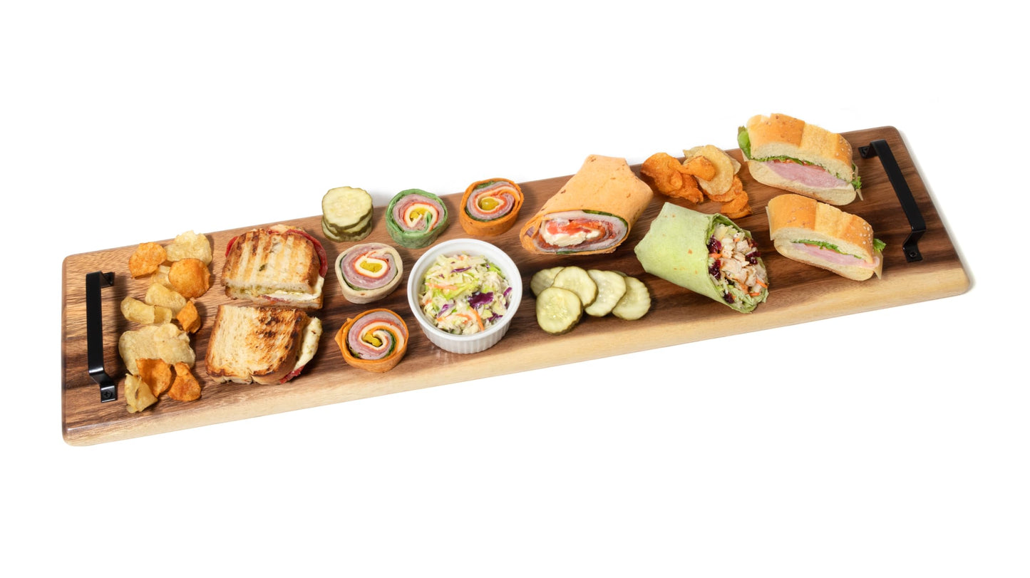 Lipper International 2031 Acacia Wood Serve Board with Black Handles for Cheese, Crackers, and Charcuterie, Rectangular 30" x 7" x 1"