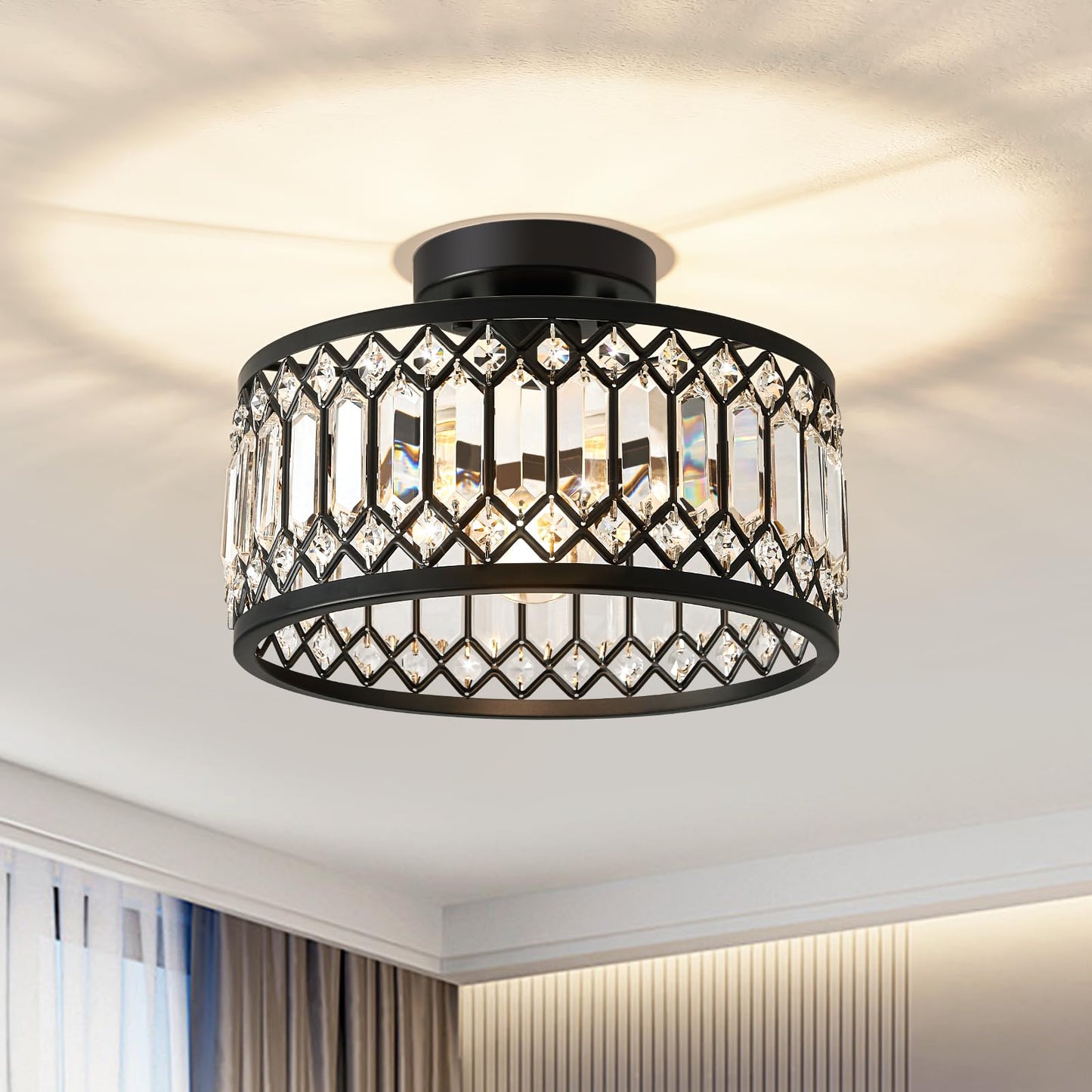 Pevfah Crystal Black Ceiling Light, Modern Semi Flush Mount Ceiling Lighting Fixture, Round Hallway Lighting Fixtures for Kitchen Entryway Bedroom Laundry Room, 1-Light, 11.4 Inch