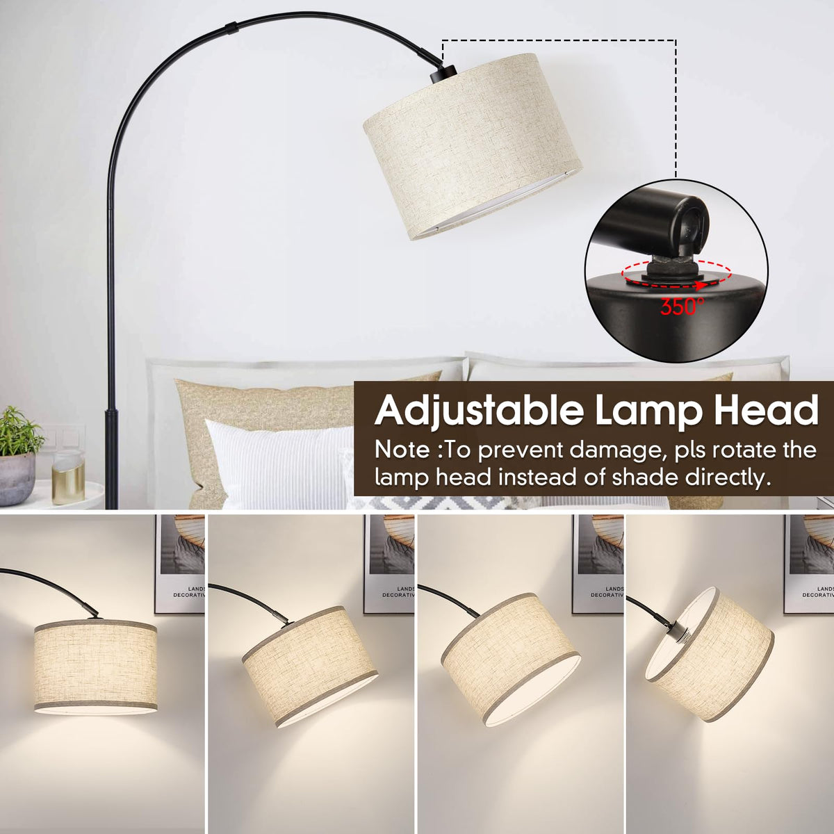 Dimmable Floor Lamp, Arc Floor Lamp with Dimmer, Black Standing Lamp with Adjustable Hanging Shade, Over Couch Tall Reading Light, Modern Pole Lamp for Living Room Bedroom, 9W LED Bulb Included
