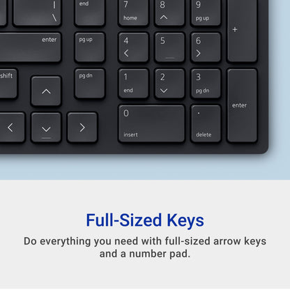 Dell Wireless Keyboard and Mouse - KM3322W, Wireless - 2.4GHz, Optical LED Sensor, Mechanical Scroll, Anti-Fade Plunger Keys, 6 Multimedia Keys, Tilt Leg - Black