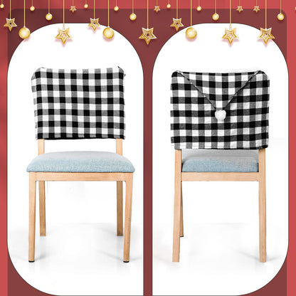 Queekay 6 Pieces Christmas Chair Back Covers Santa Hat Buffalo Plaid Christmas Dining Chair Protector Elastic Gingham Cover for Dining Kitchen(Black White)