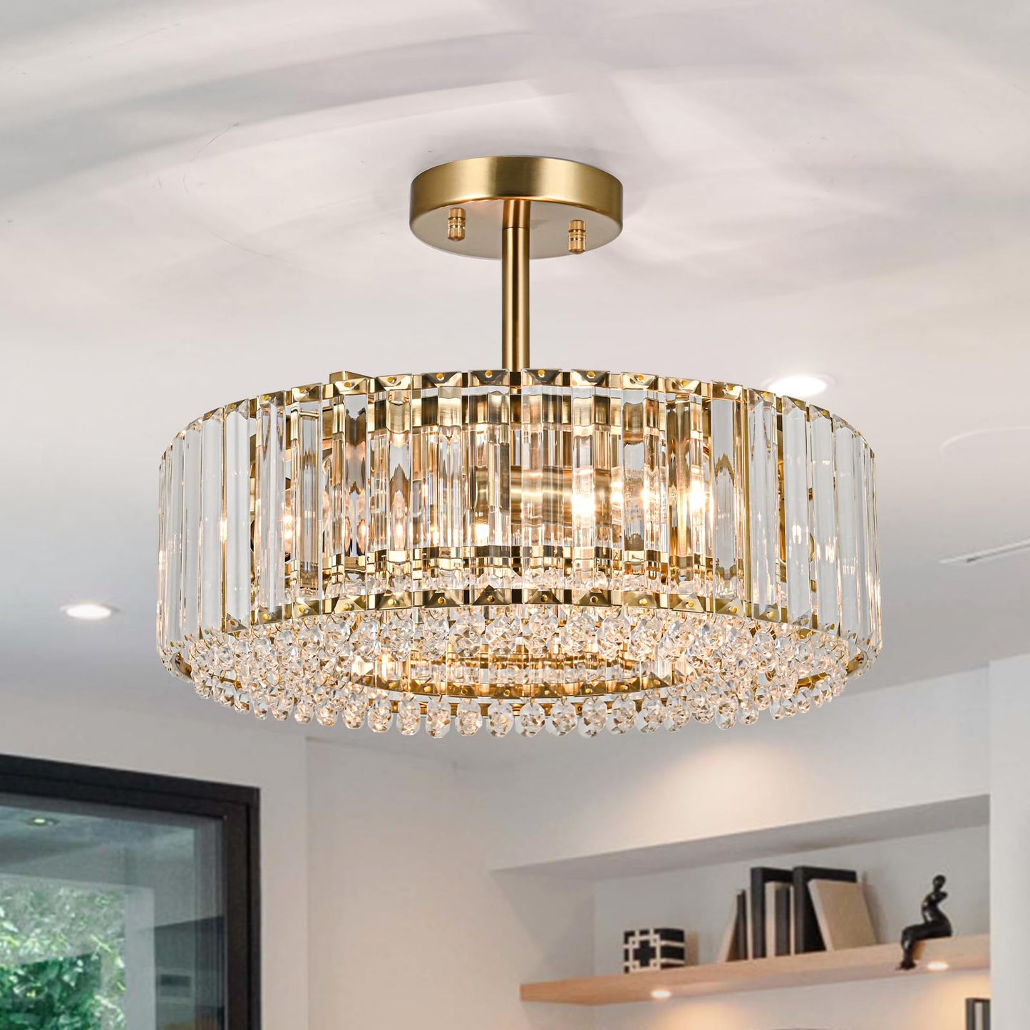 Lingkai 15.8“ Modern Crystal Chandelier Gold Round Semi Flush Mount Ceiling Light Fixture Chandelier for Living Room Dining Room Bedroom Hallway Entryway Kitchen
