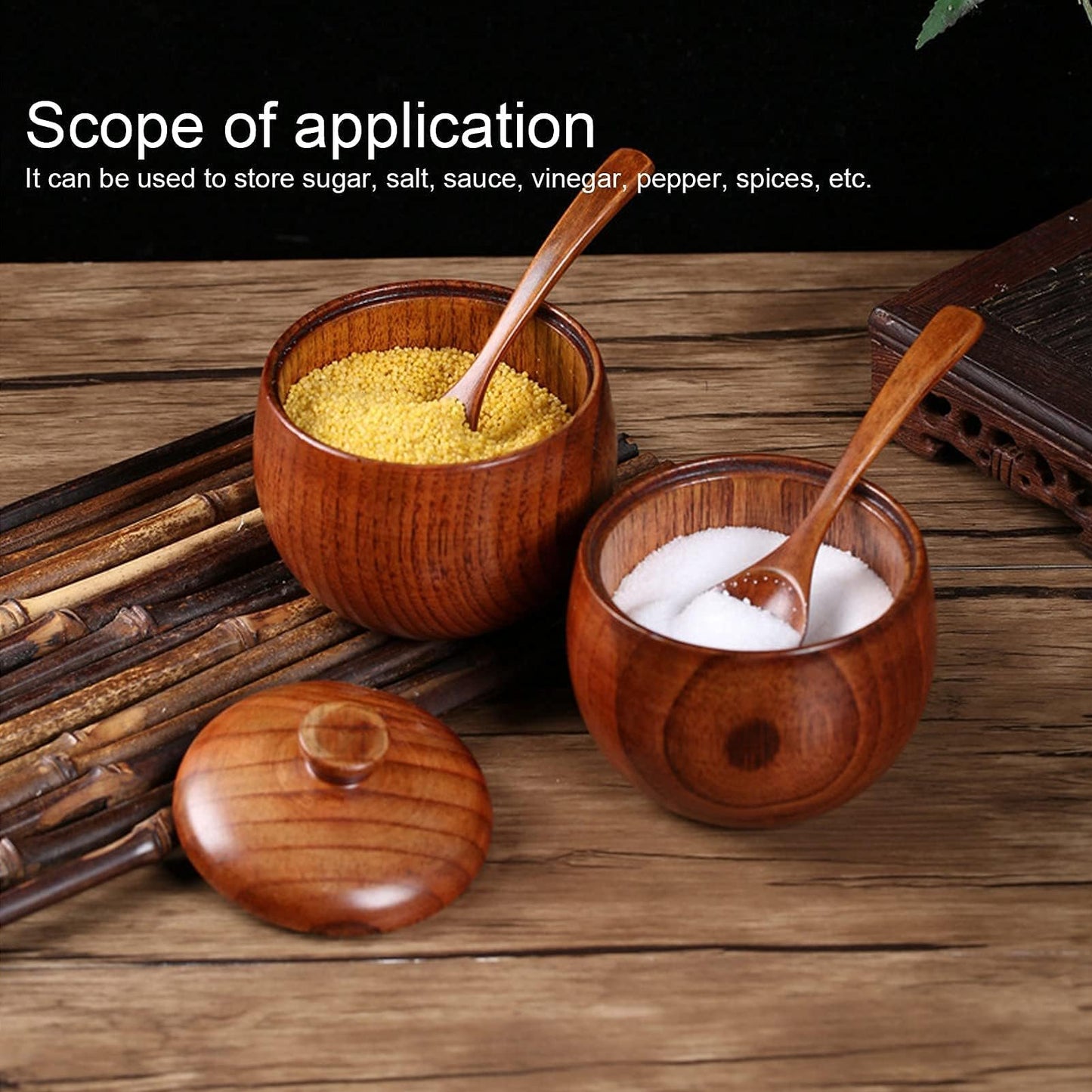 Kukyller 2PCS Wooden Salt Box with Lid Spoon, Sugar Bowl Pepper Seasoning Container, Wooden Salt Container for Kitchen Serving Condiment Chili Powder 2 * 4 * 3.5in